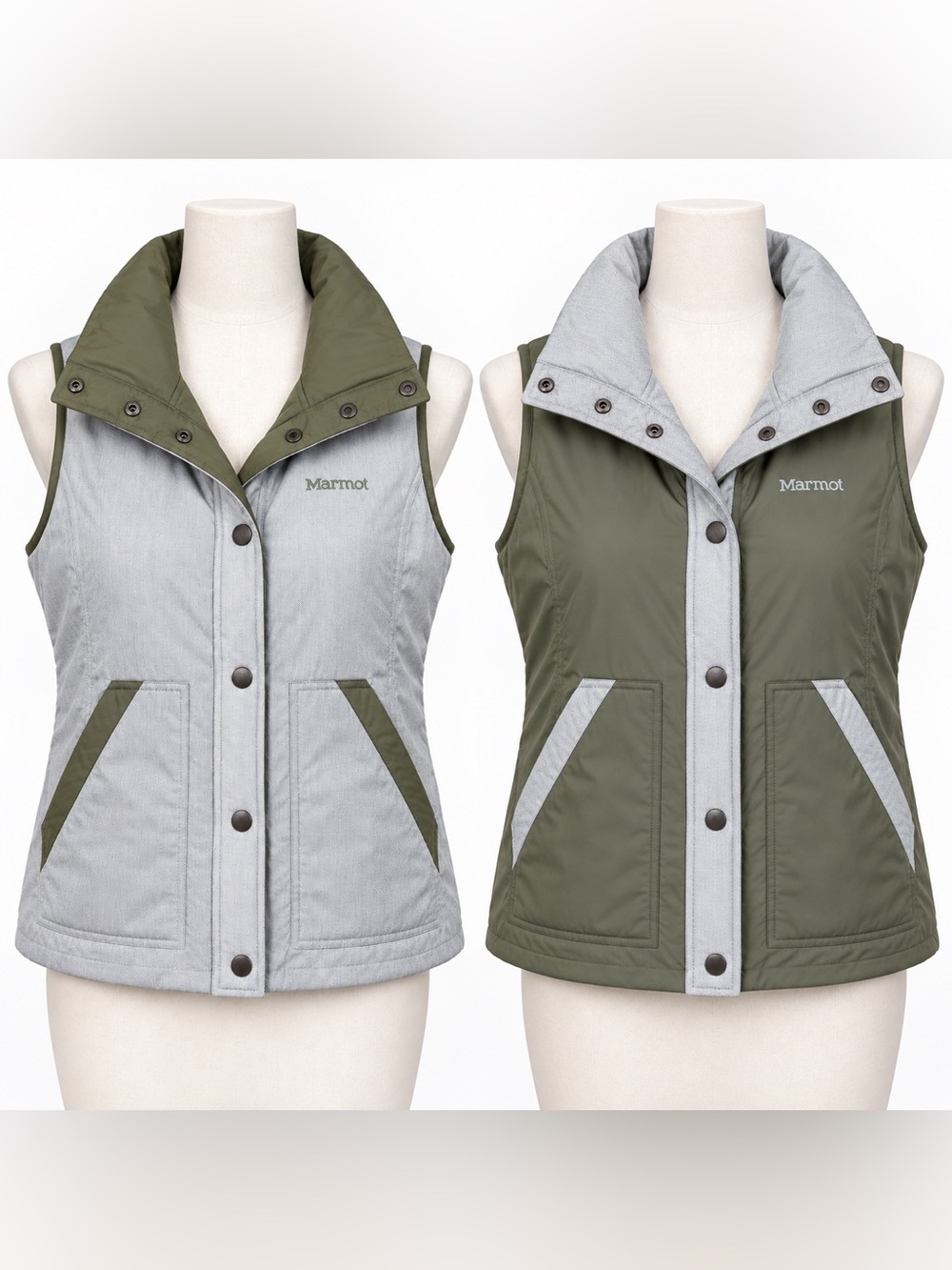Marmot Peyton Women S Reversible Insulated Vest Gray Olive Green Outdoor Hiking